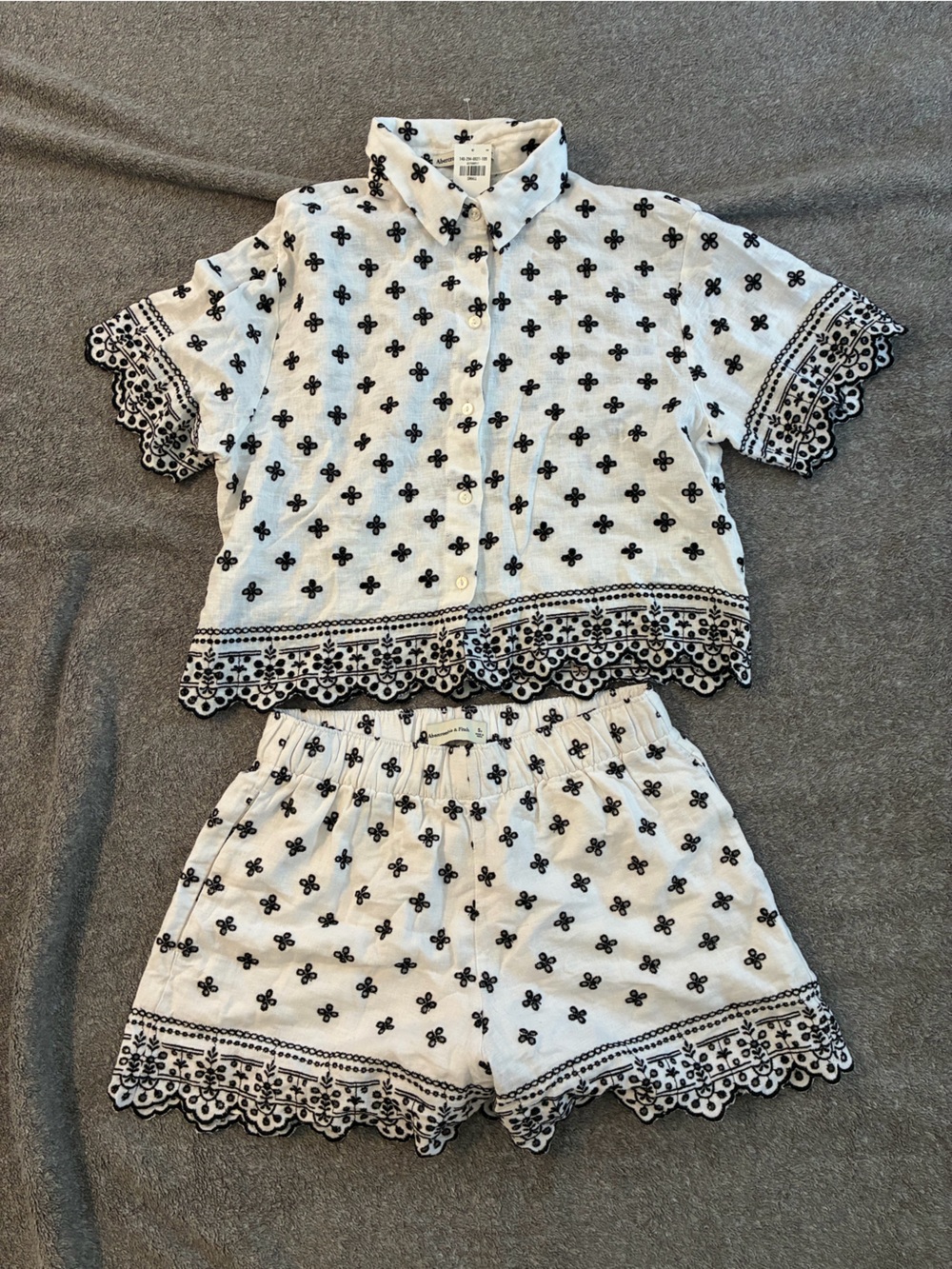 Abercrombie & Fitch White Eyelet Lace-Trim Short Set with Black Embroidery